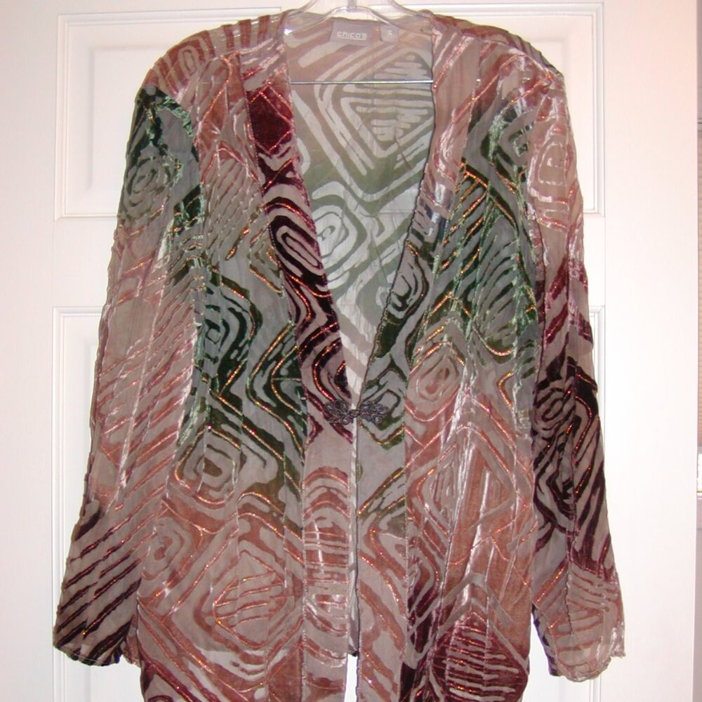 Chico's burn-out open front jacket.  Size XL. Beautiful Browns/Greens/Coppers